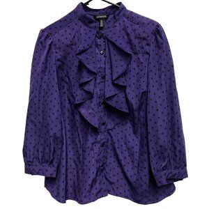 VTG 90s George Blouse Womens Large Purple Printed Ruffle Preppy Office Gothic